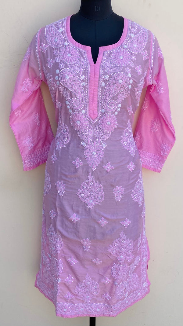 Lucknowi Chikankari Kurti Pink Muslin Cotton