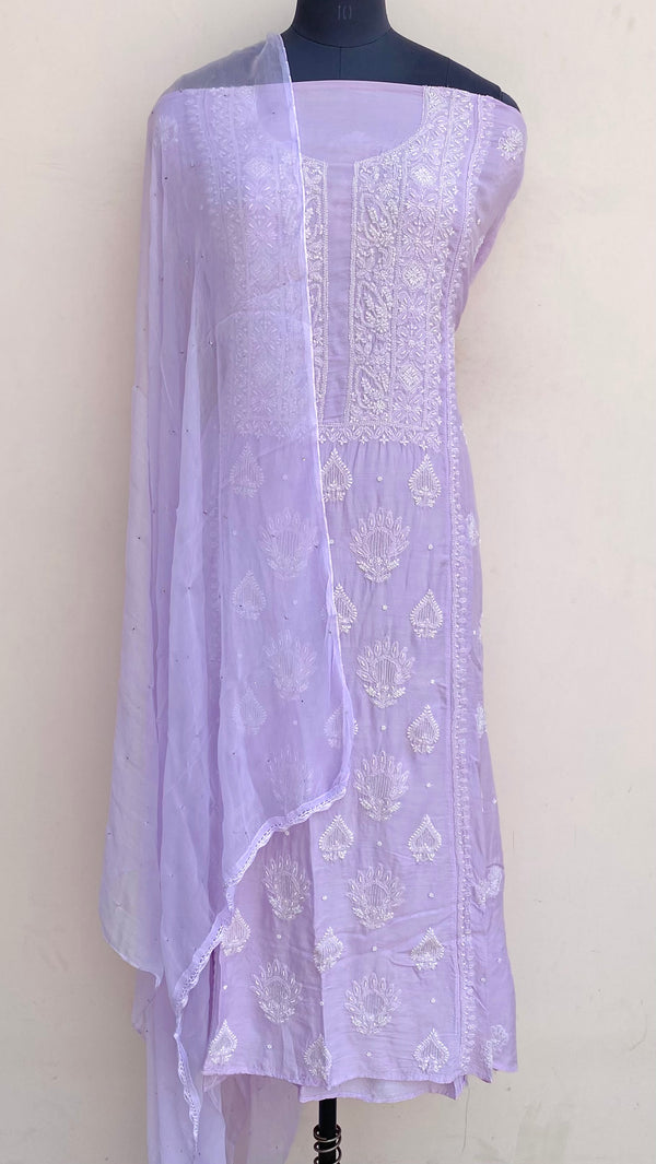 Lucknowi Chikankari Suit Length 2 Piece Purple Muslin Cotton With Pearl & Cutdana Work
