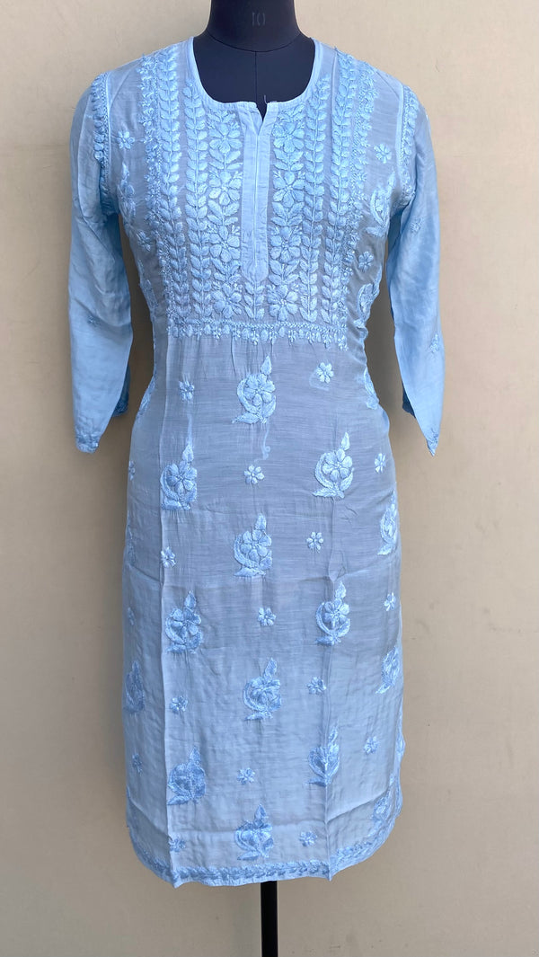 Lucknowi Chikankari Kurti Powder Blue Muslin Cotton With Self 3D Work