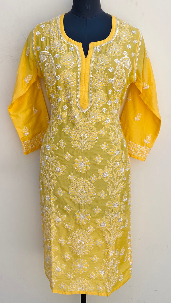 Lucknowi Chikankari Kurti Yellow Muslin Cotton