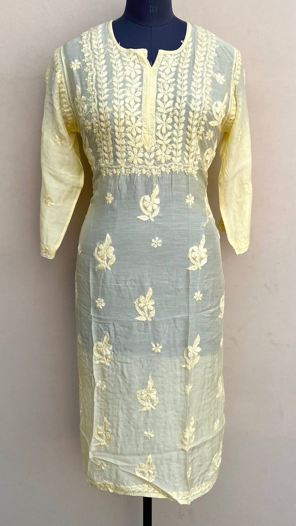 Lucknowi Chikankari Kurti Yellow Muslin Cotton With Self 3D Work