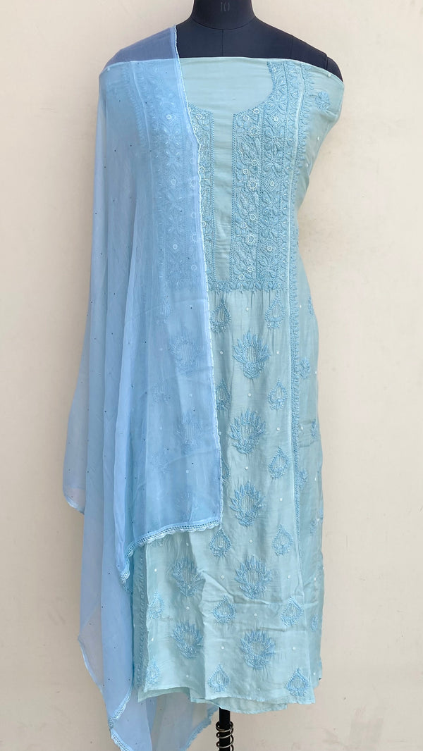 Lucknowi Chikankari Suit Length 2 Piece Blue Muslin Cotton With Pearl & Cutdana Work