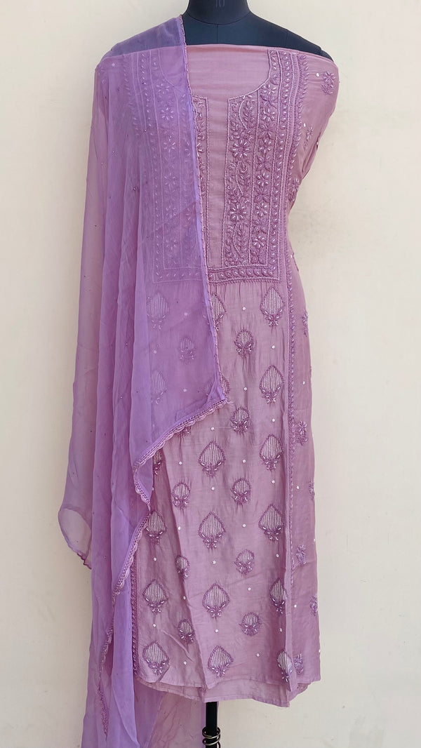 Lucknowi Chikankari Suit Length 2 Piece Purple Muslin Cotton With Pearl & Cutdana Work