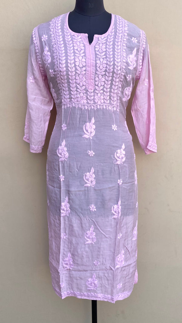 Lucknowi Chikankari Kurti Pink Muslin Cotton With Self 3D Work