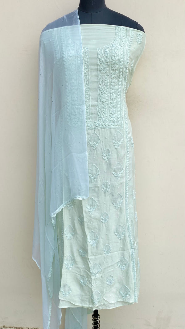 Lucknowi Chikankari Suit Length 2 Piece Green Muslin Cotton With Pearl & Cutdana Work