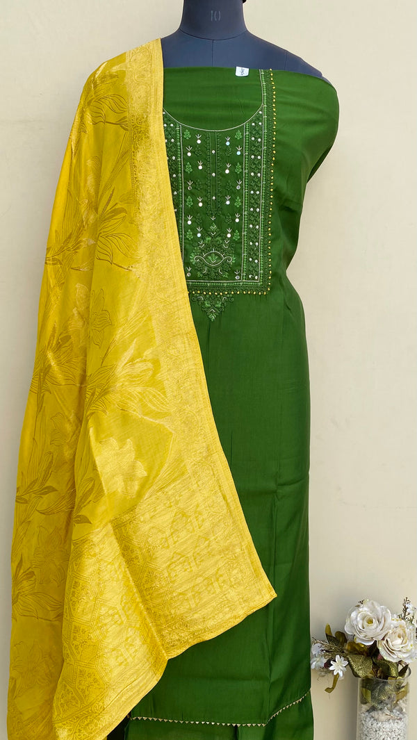 Designer Embroidered Suit Length 3 Piece Green Muslin Cotton