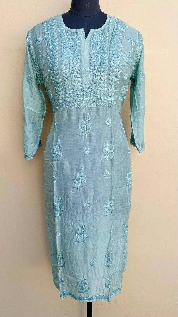 Lucknowi Chikankari Kurti Teal Green Muslin Cotton With Self 3D Work