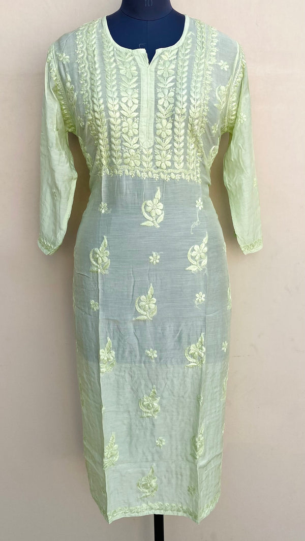 Lucknowi Chikankari Kurti Pista Green  Muslin Cotton With Self 3D Work