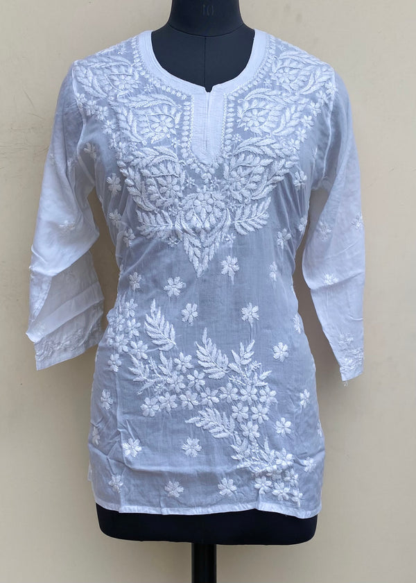 Lucknowi Chikankari Short Kurti White Modal Cotton With Self Work