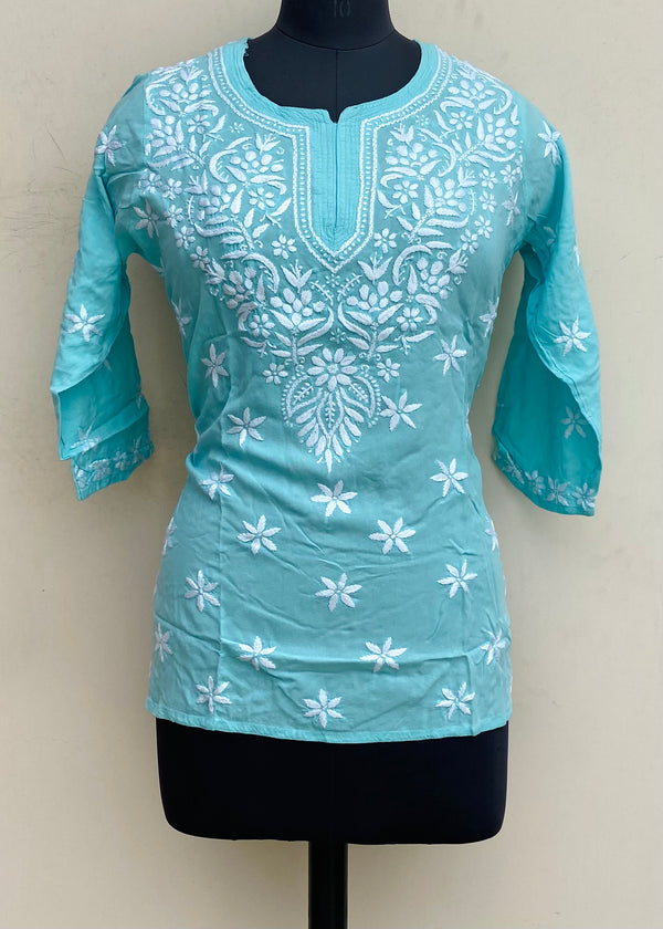 Lucknowi Chikankari Short Kurti Sea Green Modal Cotton