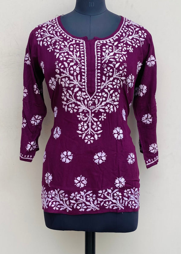 Lucknowi Chikankari Short Kurti Wine Modal Cotton