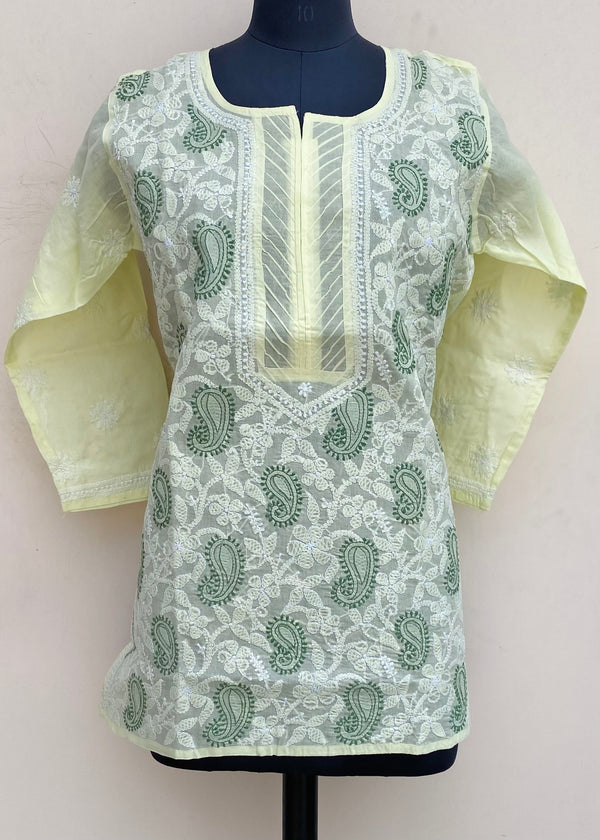 Lucknowi Chikankari Short Kurti Lemon Yellow Cotton