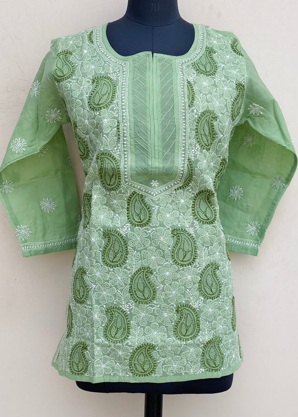 Lucknowi Chikankari Short Kurti Teal Green Cotton