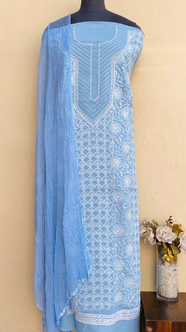 Lucknowi Chikankari Suit Length 3 Piece Blue Cotton With Pearl Work