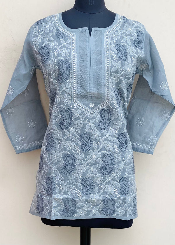 Lucknowi Chikankari Short Kurti Gray Cotton