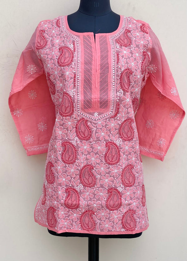 Lucknowi Chikankari Short Kurti Pink Cotton