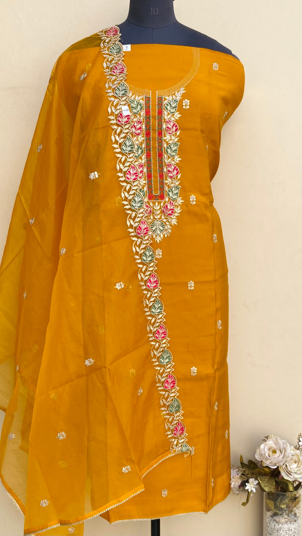 Designer Embroidered Suit Length 3 Piece Mustard Muslin Cotton