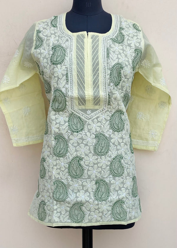 Lucknowi Chikankari Short Kurti Lemon Yellow Cotton