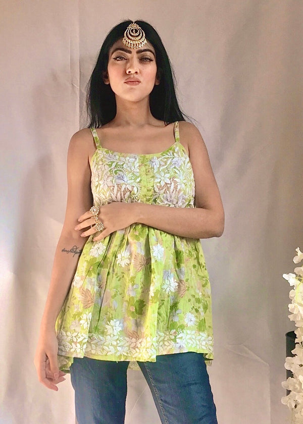 Lucknowi Chikankari Spaghetti Short Printed Kurti Green Mulmul Cotton