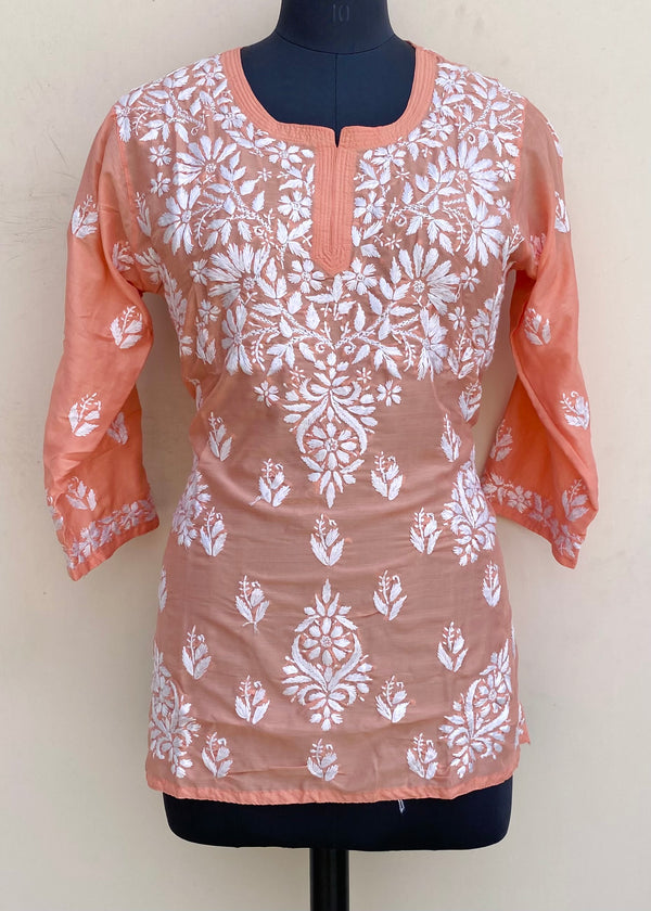 Lucknowi Chikankari Short Kurti Peach Muslin Cotton