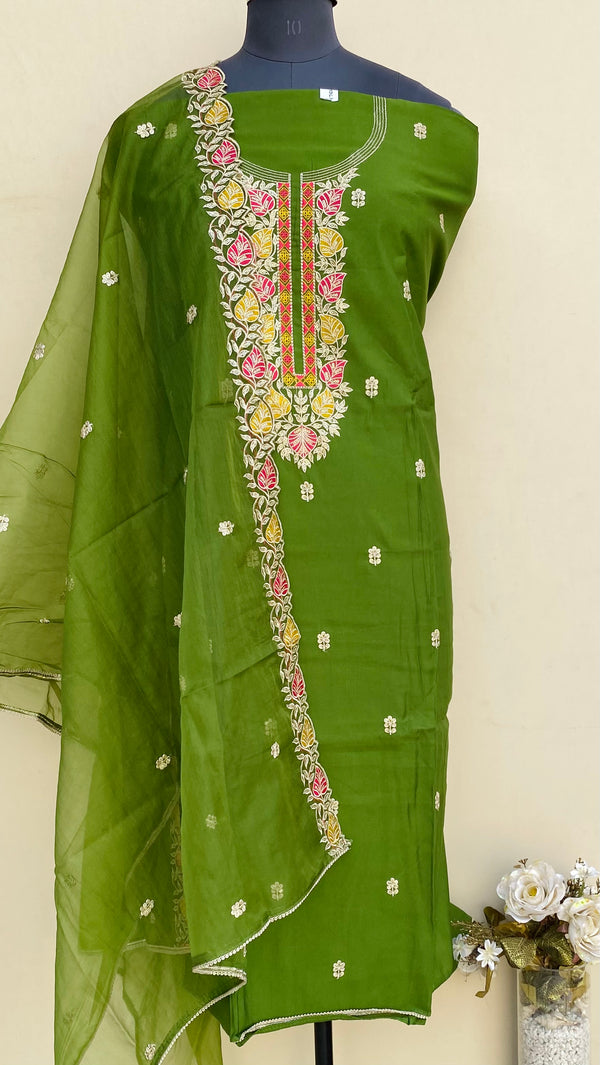 Designer Embroidered Suit Length 3 Piece Green Muslin Cotton