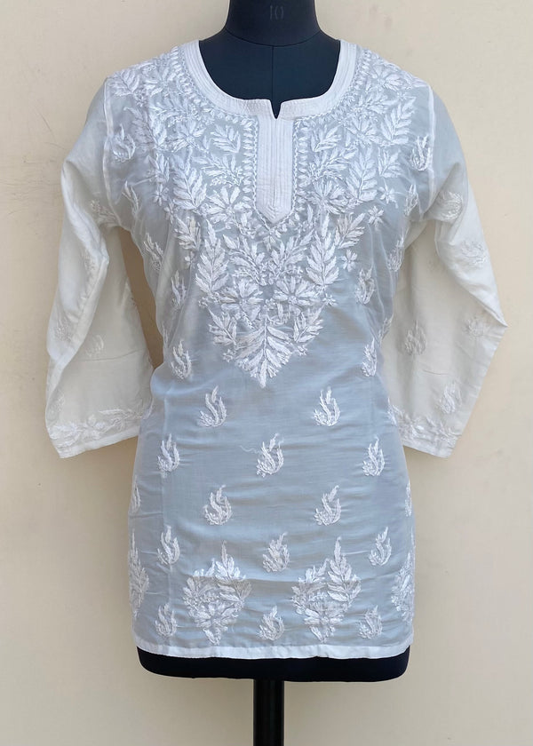 Lucknowi Chikankari Short Kurti White Muslin Cotton With Self Work