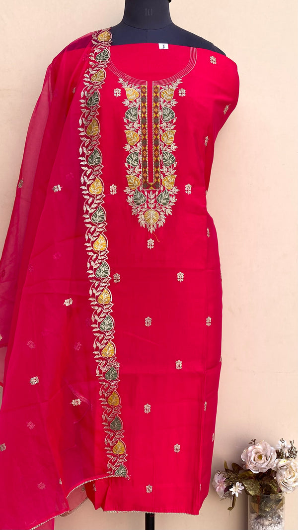 Designer Embroidered Suit Length 3 Piece Rani Pink Muslin Cotton