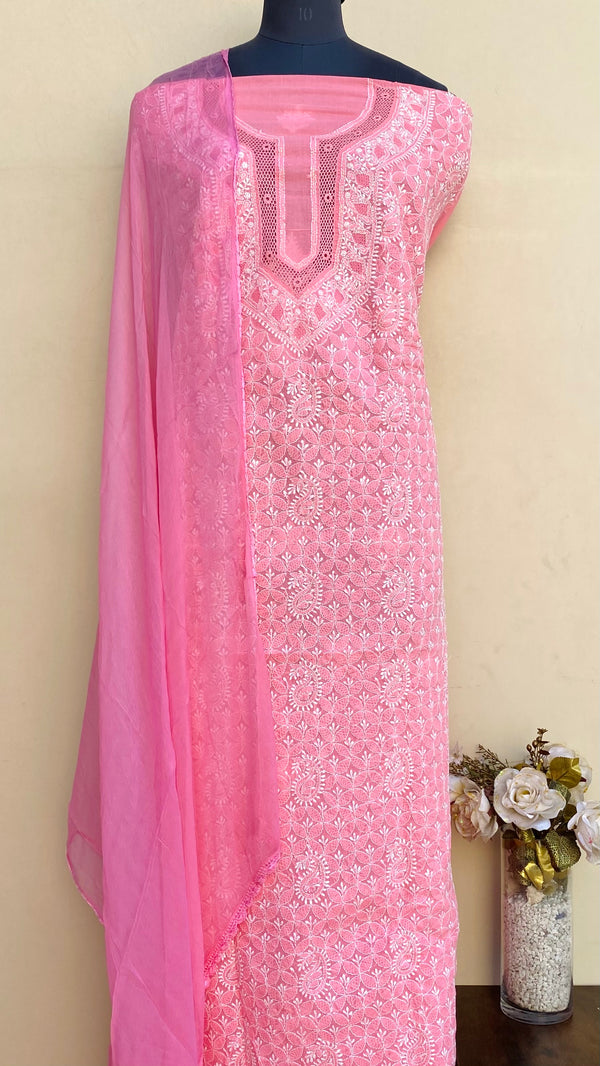 Lucknowi Chikankari Suit Length 3 Piece Pink Cotton With Jaali Work