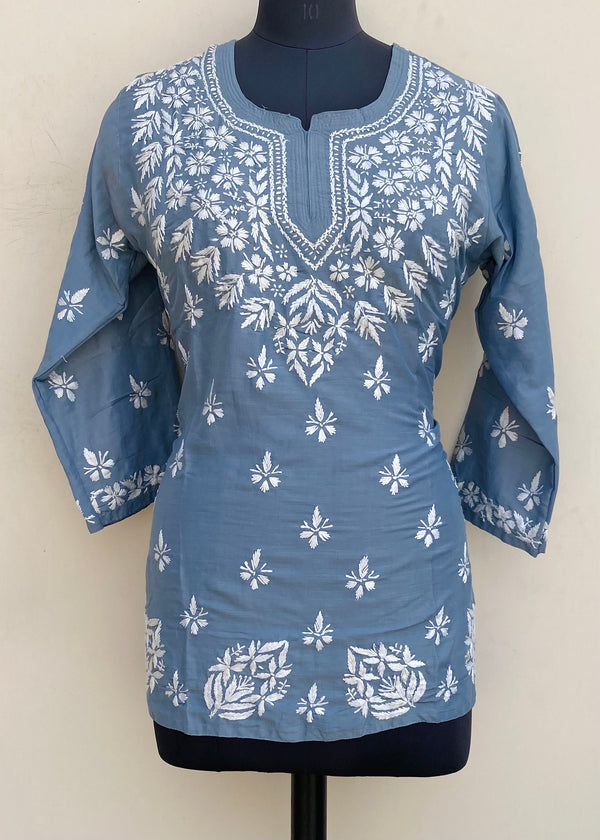 Lucknowi Chikankari Short Kurti Gray Muslin Cotton