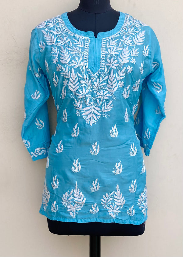 Lucknowi Chikankari Short Kurti Blue Muslin Cotton