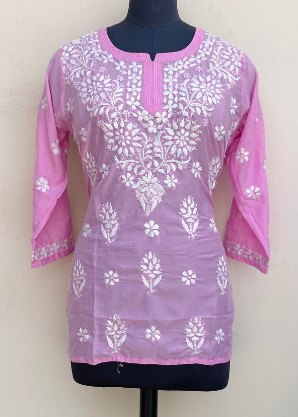 Lucknowi Chikankari Short Kurti Pink Muslin Cotton