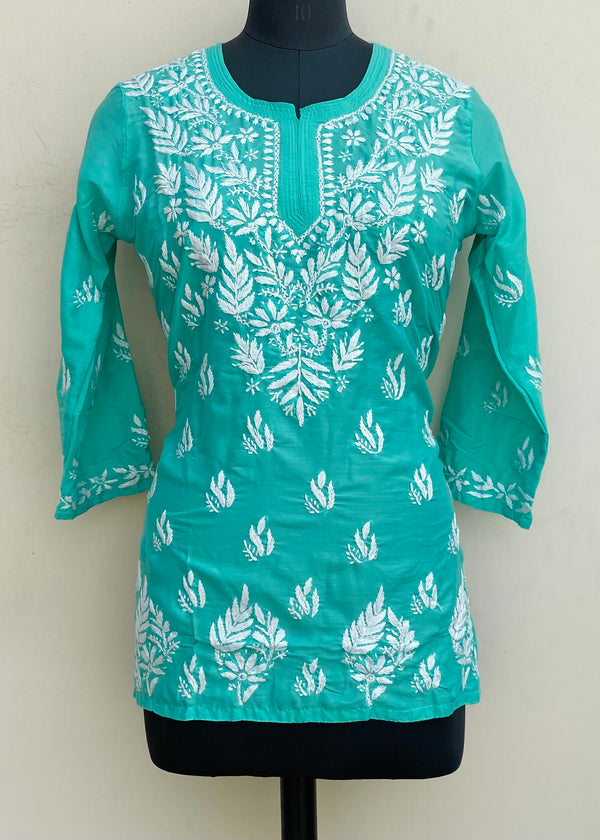 Lucknowi Chikankari Short Kurti Sea Green Muslin Cotton