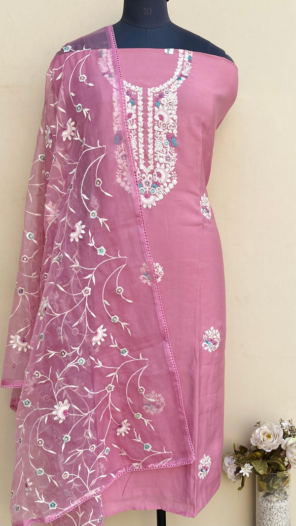 Designer Embroidered Suit Length 3 Piece Pink Muslin Cotton