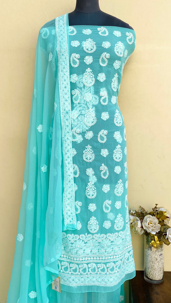 Lucknowi Chikankari Suit Length 3 Piece Sea Green Georgette With Jaali Work