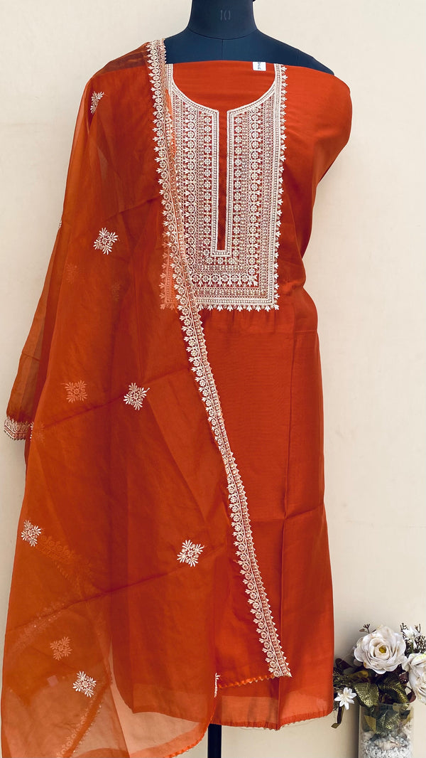 Designer Embroidered Suit Length 3 Piece Rust Muslin Cotton