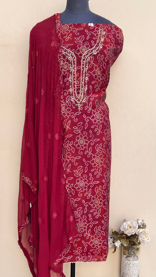 Designer Embroidered Suit Length 3 Piece Maroon Muslin Cotton With Pearl & Cutdana Work