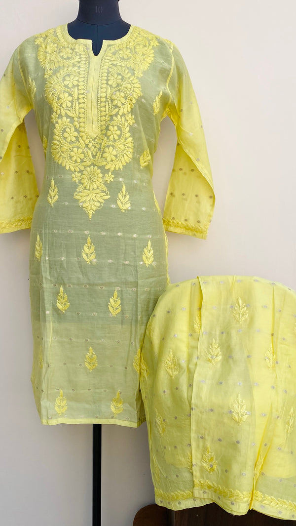 Lucknowi Chikankari Co-ord Set Yellow Mal Chanderi With Self Work