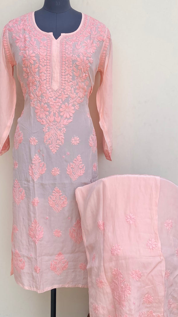 Lucknowi Chikankari Co-ord Set Peach Organza With Self Work