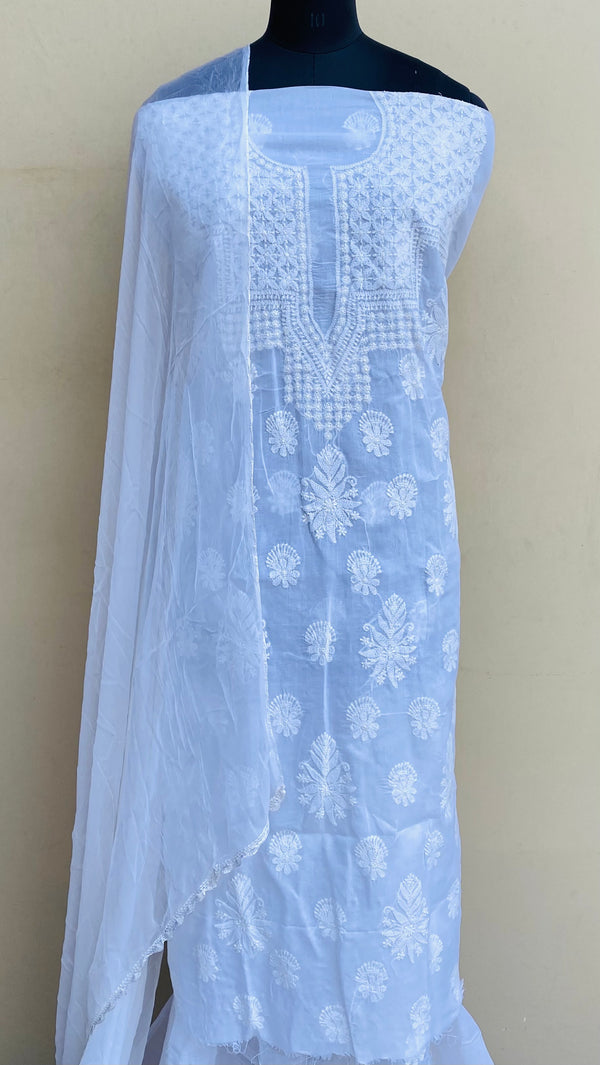 Lucknowi Chikankari Suit Length 3 Piece White Cotton