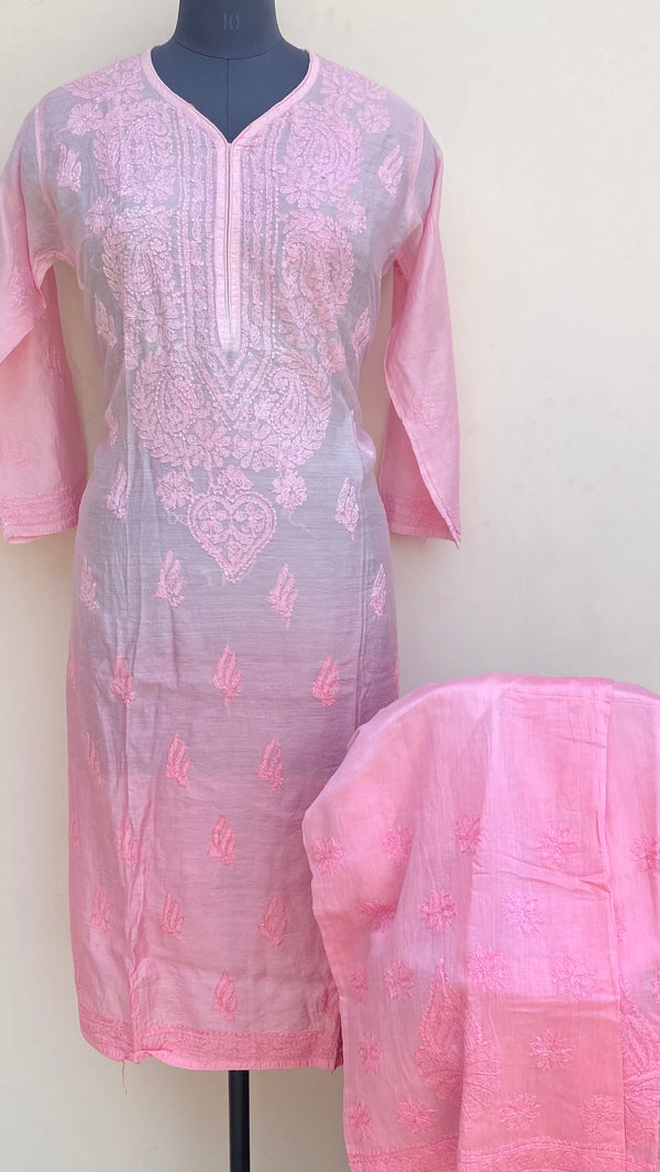 Lucknowi Chikankari Ombre Co-ord Set Pink Mal Chanderi With Self Work