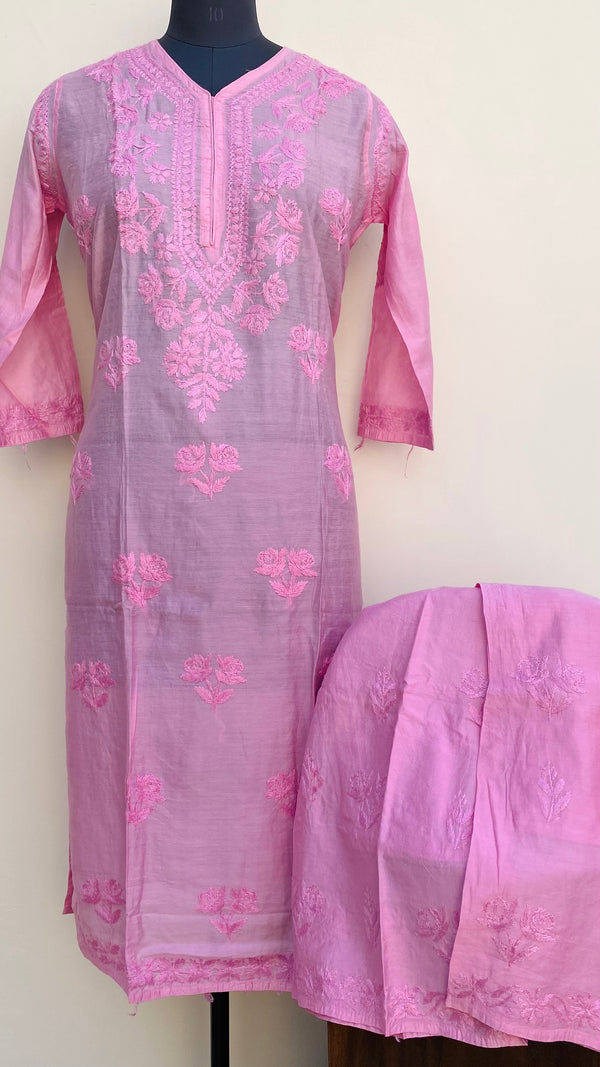 Lucknowi Chikankari Co-ord Set Pink Mal Chanderi With Self Work