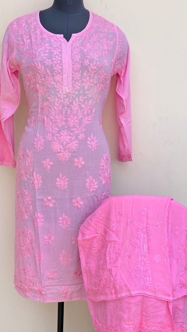 Lucknowi Chikankari Co-ord Set Pink Mulmul Cotton With Self Work