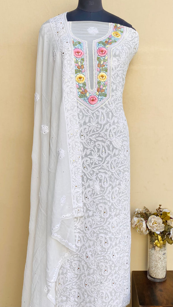 Lucknowi Chikankari Suit Length 2 Piece White Pure Georgette With Parsi & Mukaish Work