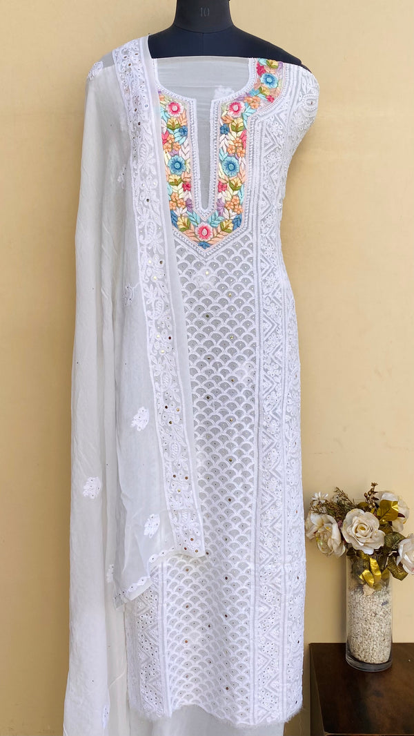 Lucknowi Chikankari Suit Length 2 Piece White Pure Georgette With Parsi & Mukaish Work