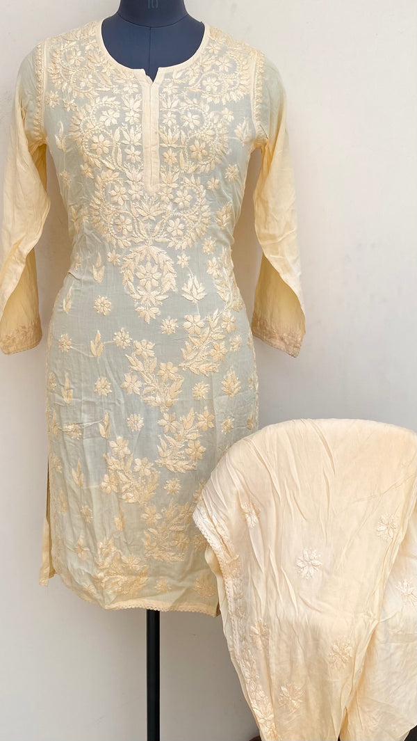 Lucknowi Chikankari Co-ord Set Peach Mulmul Cotton With Self Work