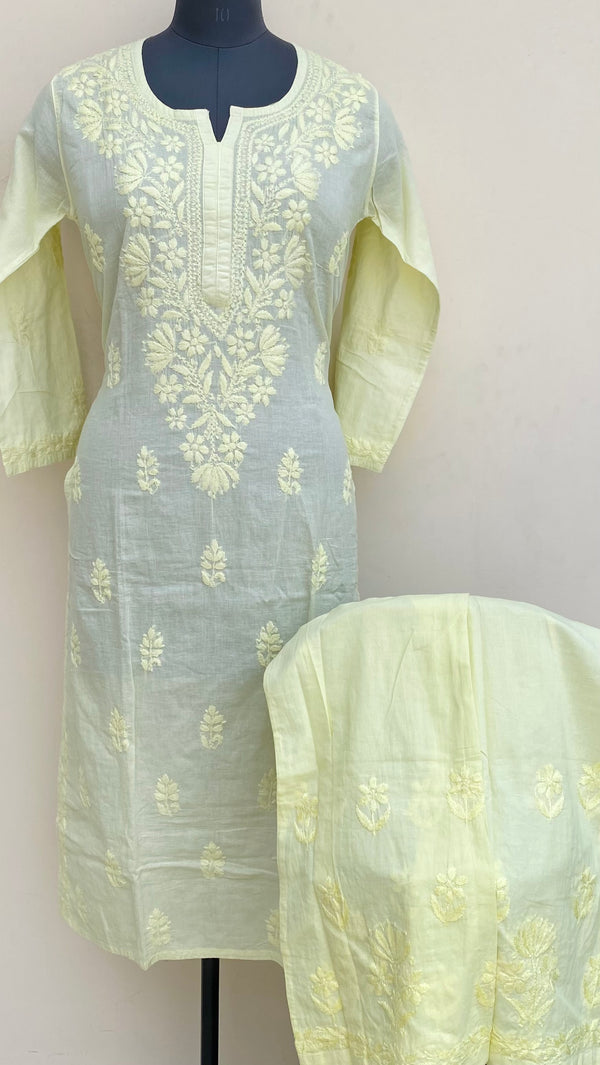 Lucknowi Chikankari Co-ord Set Lemon Yellow Mulmul Cotton With Self Work