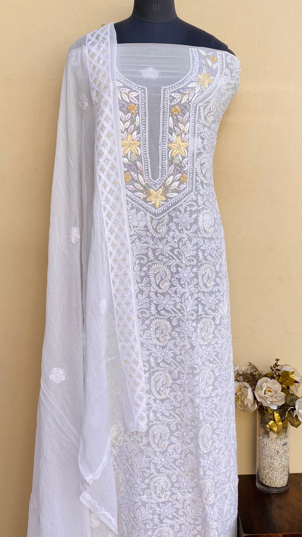 Lucknowi Chikankari Suit Length 2 Piece White Pure Georgette With Sequence & Cutdana Work