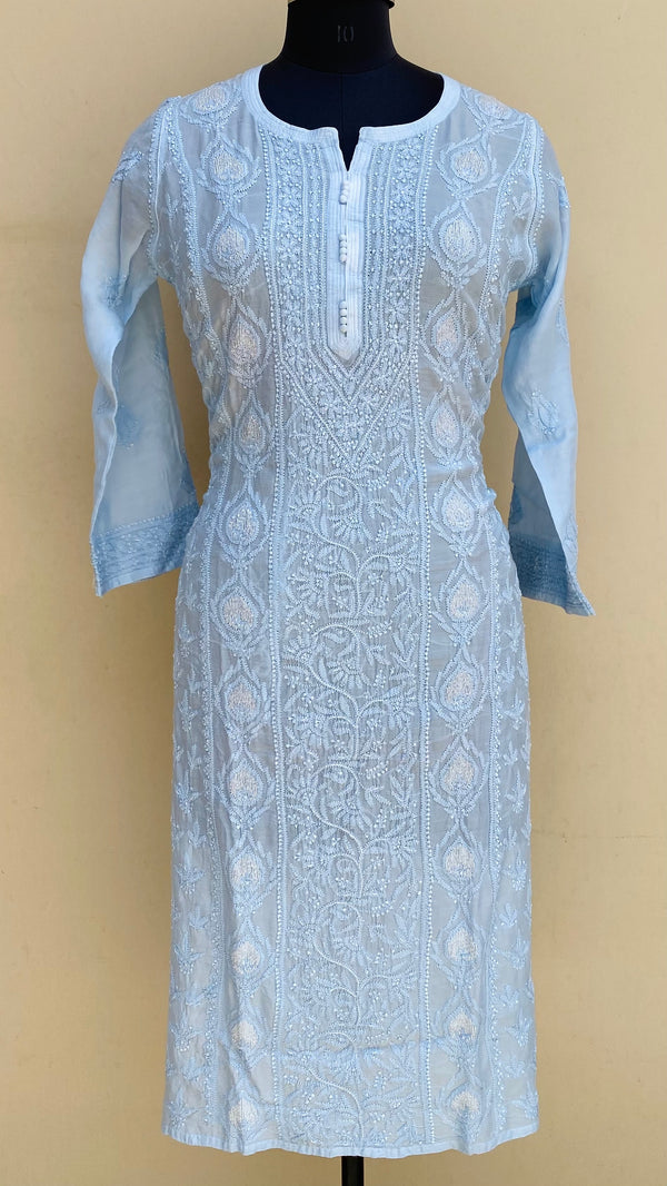 Lucknowi Chikankari Kurti Powder Blue Muslin Cotton With Resham & Cutdana Work