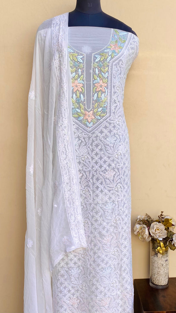 Lucknowi Chikankari Suit Length 2 Piece White Pure Georgette With Sequence & Cutdana Work