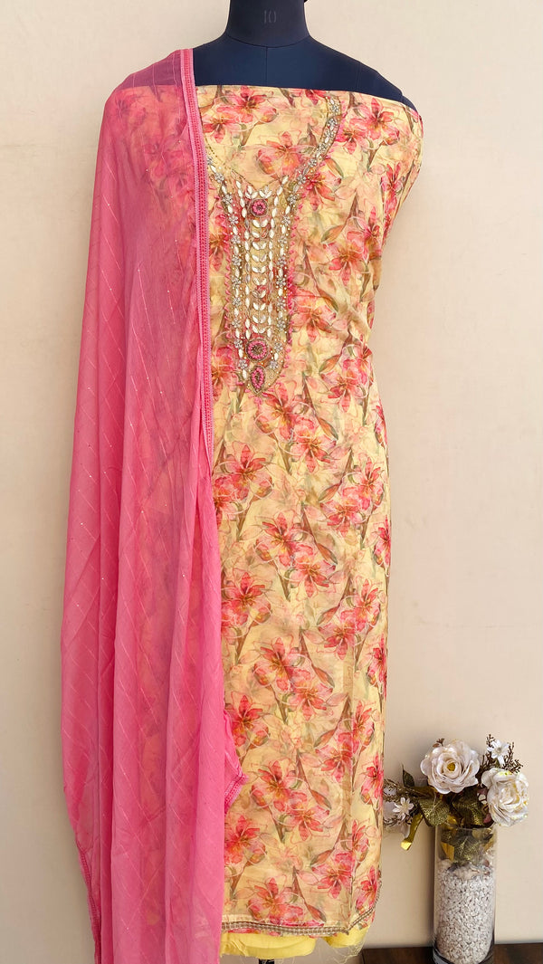 Designer Embroidered Suit Length 3 Piece Yellow Organza With Cutdana & Pearl Work